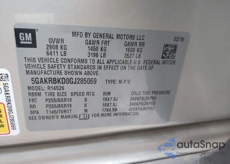 2016 Buick Enclave Leather z USA, uszkodzony, nr VIN 5GAKRBKD0GJ285069